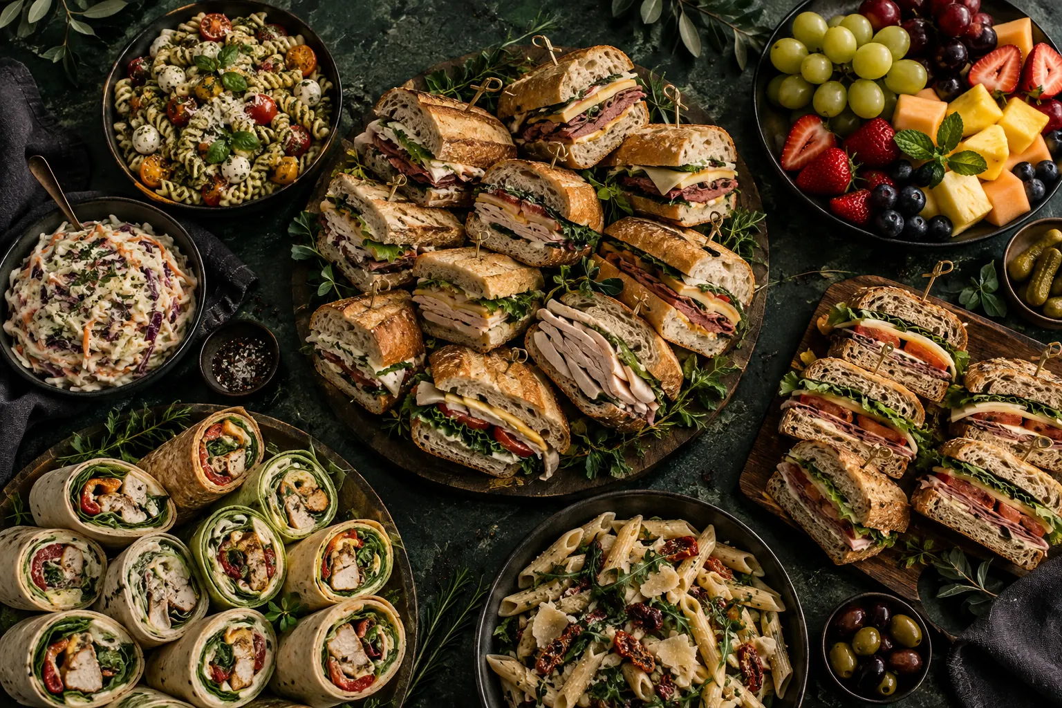 Overhead catering spread of halved deli sandwiches, wraps, pasta salads and fresh fruit