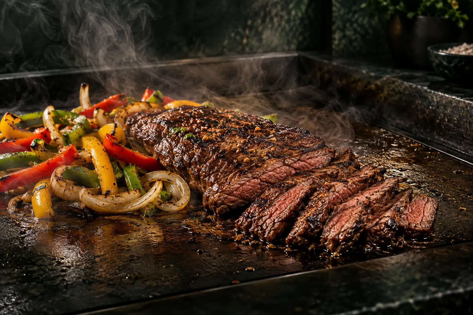 Brazilian steak searing on the griddle with peppers and onions