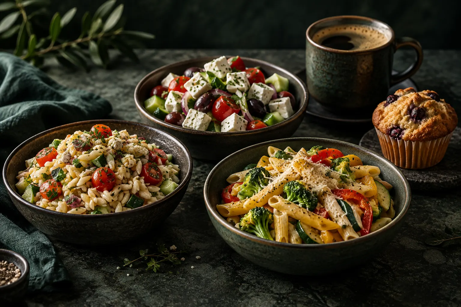 Pasta and Greek salads in bowls with a coffee and a muffin